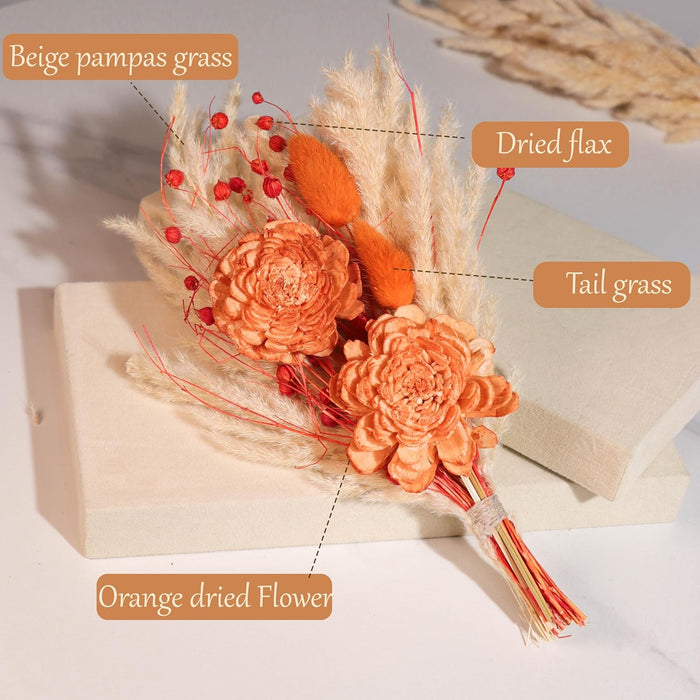 Dried Pampas Grass and Orange Artificial Flowers Bouquet Boho Dried Flower Arrangement, Natural Dry Floral Bouquet 30 cm