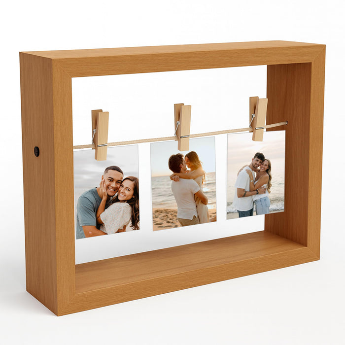 Art Street Open Box Modern Wooden Photo Frame Brown Wooden Picture Display Frame with Clips, Creative Hanging Photo Display for Desk and Shelf Decor, Picture Frames for Home Decor 17x22 cm