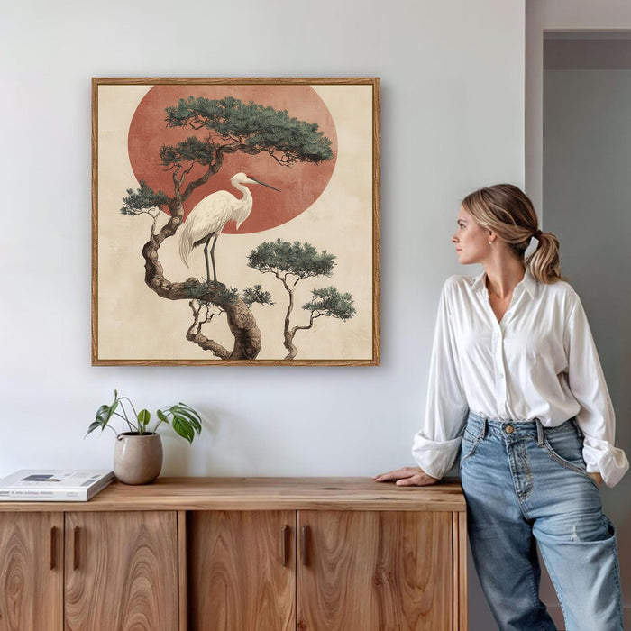 Japanese Crane Sun Framed Painting For Living Room | Vastu Crane Large Canvas Painting With Frame Wall Art For Bedroom, Hallway's, Office, Hotel, Size 58x58 cm