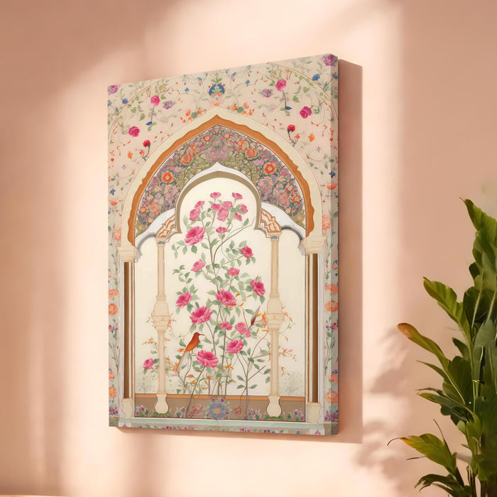 Mughal Rose Garden Stretched Canvas Painting For Living Room | Madhubani Royal Jharokha Stretched Canvas Wall Art For Livingroom Home Decor, Bedroom, Hallway's, Office, Hotel - 56x86 cm
