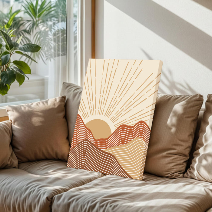 Abstract Sun Rise Mountains Stretched Canvas Wall Art Modern Boho Illustration Painting for Home & Office Wall Decor, (16x22 Inch)