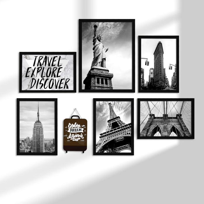 Set of 7 Travel Explore Discover Framed Wall Art Print, World Famous Cities Theme Framed Wall Posters (Size: 1 MDF, 9.3x12.7 & 12.7x17.5 Inch)