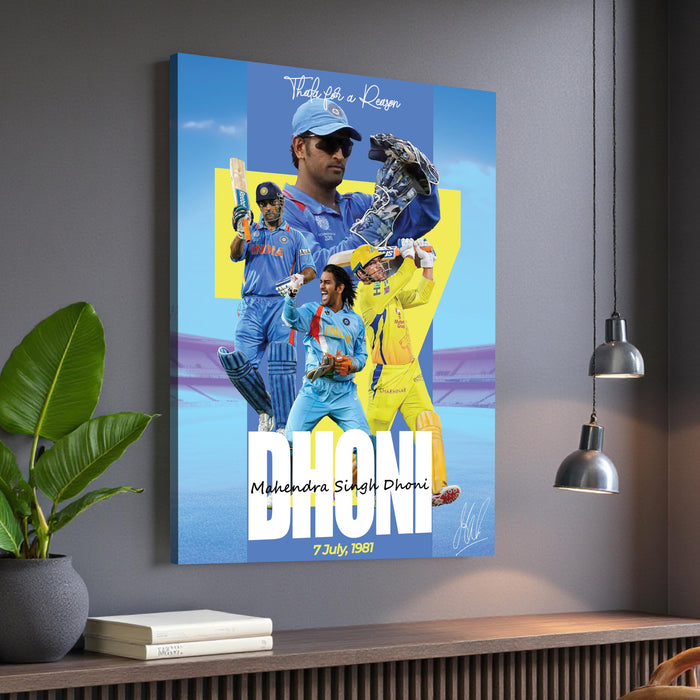 MS Dhoni Chennai Super Kings Cricket Fan Stretch Canvas Painting Poster Wall Art Decor, The Legend Thala 7, Ideal Gift for IPL & Indian Cricket Team, Bedroom, Office & Home Decoration, 16 x 22 Inch