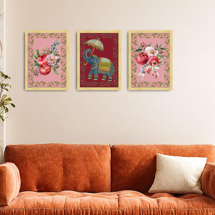 Indian Traditional Art Print Set of 3 with Pichwai Elephant Wall Art, Kalamkari Style Floral Decor, Pomegranate Bird Artwork, Ethnic Home Wall Decoration, Indian Folk Painting 30x42 cm