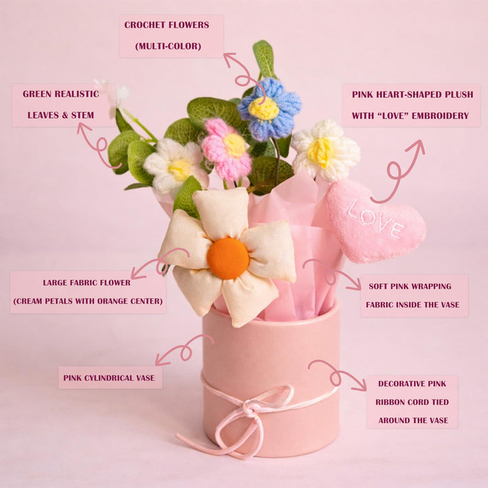 Art Street Handmade Knitted Flower Bouquet in Pink Gift Box – Artificial Daisy & Eucalyptus Arrangement with Soft Fabric Heart | Decorative Table Décor & Gift for Birthday, Anniversary, Valentine
