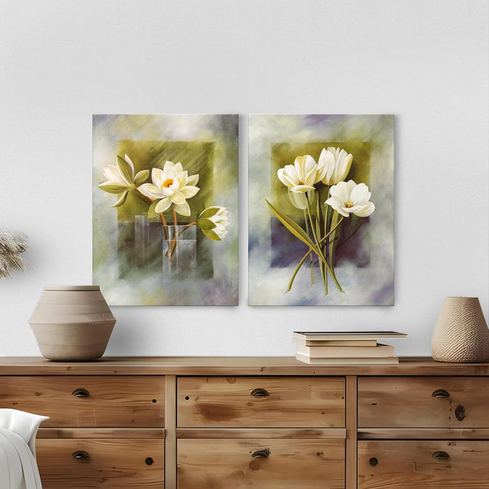 Floral Theme Stretched Canvas Painting Art Print Pack of 2 | Digital Print On Stretched-Canvas (30x41 CM)