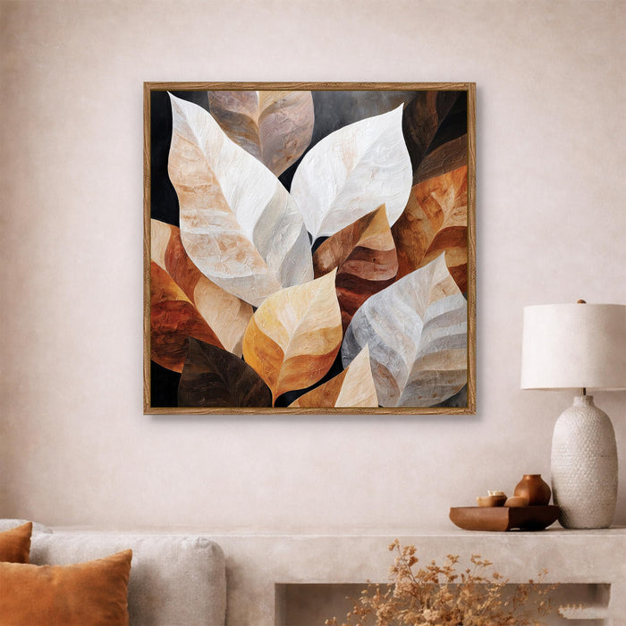 Abstract Autumn Leaf Framed Painting For Living Room | Rustic Botanical Leaf Large Canvas Painting With Frame Wall Art For Bedroom, Hallway's, Office, Hotel, Size 58x58 cm