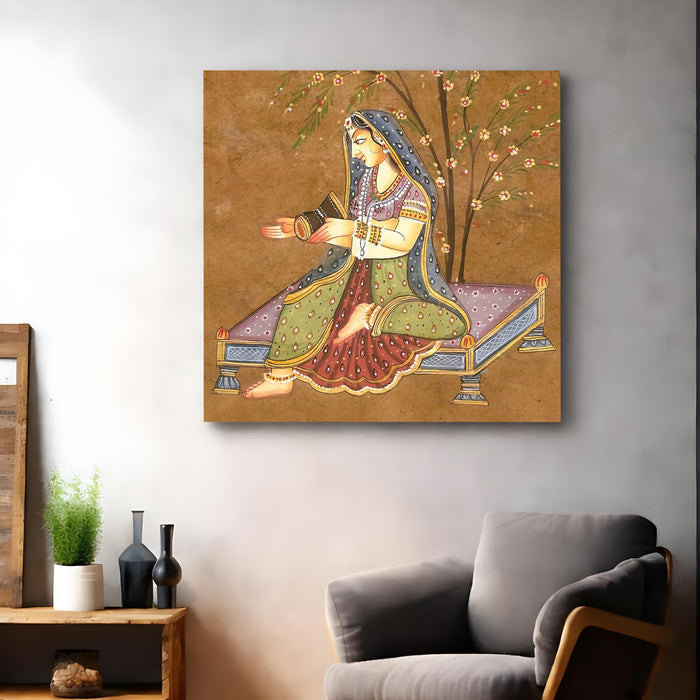 Mughal Miniature Wall Art Painting For Living Room, Rajasthani Traditional Indian Lady Playing Drum Under Tree, Stretched Canvas wall Art Poster for Living Room, Office & Home Decor (56xx56 cm)