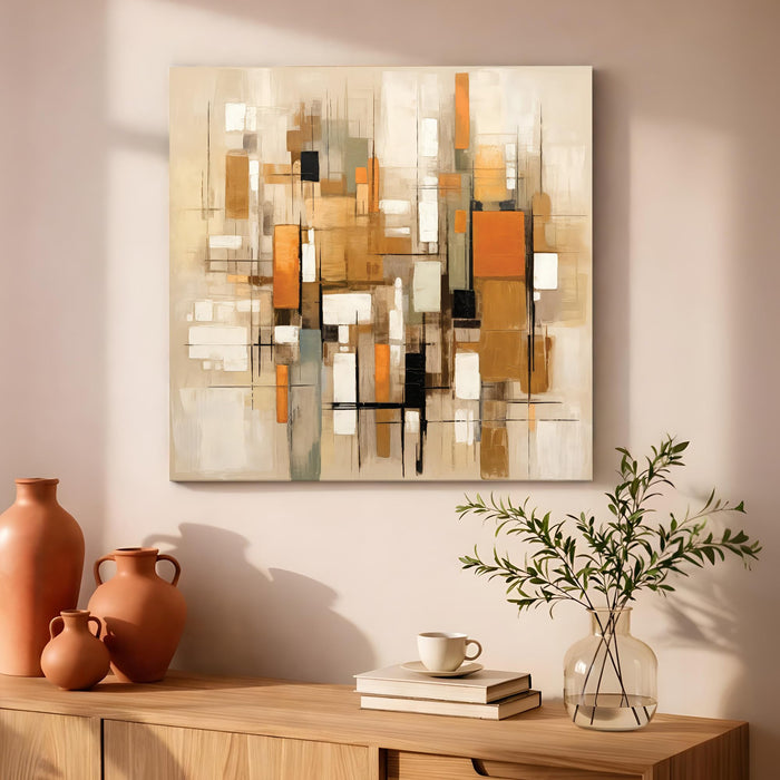 Geometric Abstract Stretched Canvas Painting For Living Room | Modern Mid-Century Wall Art Large Canvas Painting For Livingroom Home Decor, Bedroom, Hallway's, Office, Hotel - 86x86 cm