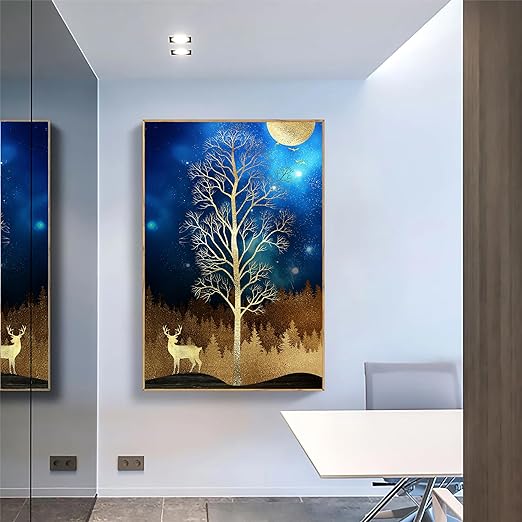 Art Street Canvas Painting Nordic Golden Deer & Tree Framed Decorative Wall Art (Size:23x35 Inch)