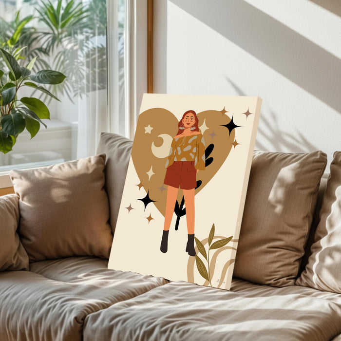 Abstract Heart and Female Stretched Canvas Wall Art Modern Boho Illustration Painting for Home & Office Wall Decor, (16x22 Inch)
