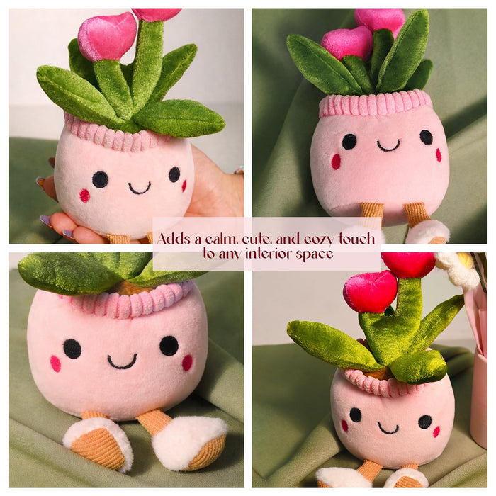 Art Street Cute Pink Potted Plush Plant with Smiling Face & Dangling Legs | Soft Heart Flower| Kawaii Desk Decor | Unique Gift for Plant Lovers, Valentine's Day