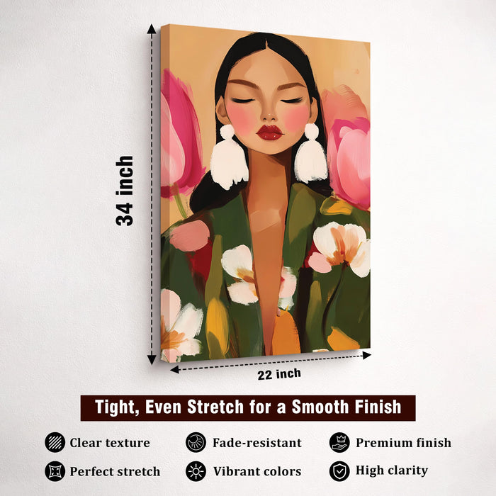 Abstract FLoral Portrait Stretched Canvas Painting For Living Room | Feminine Figurative Stretched Canvas Wall Art For Livingroom Home Decor, Bedroom, Hallway's, Office, Hotel - 56x86 cm