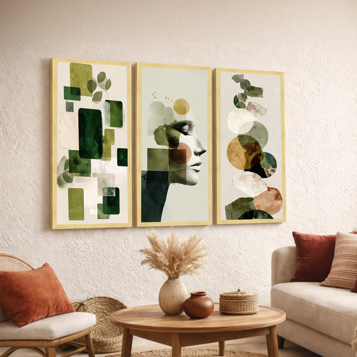 Abstract Botanical & Face Framed Wall Art Set of 3 | Modern Boho Green Tone Wall Décor |Engineered Wood Frame Art for Living Room, Bedroom & Office, 8.9x18.9 Inch