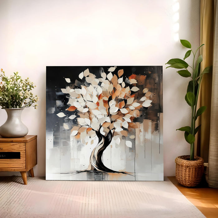 Abstract Tree of Life Stretched Canvas Wall Art Painting For Living Room, Minimalist Neutral Tones Wishing Tree Painting, Modern Botanical for Living Room, Bedroom & Office (56xx56 cm)