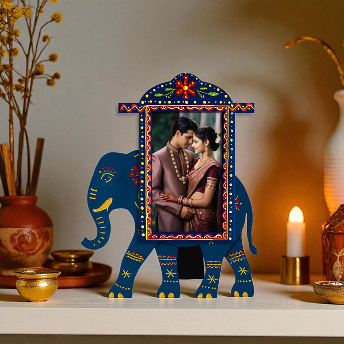 Elephant Photo Frame Handcrafted Indian MDF Decorative Tabletop Frame Ethnic Rajasthani Handpainted Wooden Elephant Photo Frames 18x22 cm