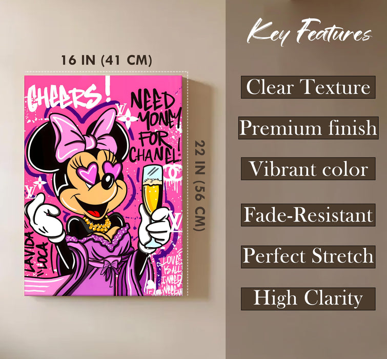 Pink Pop Art Cartoon Lady Wall Painting | Luxury Graffiti Style Stretched Canvas Art Print | Modern Party Theme Wall Décor for Home & Café, 41x56 cm