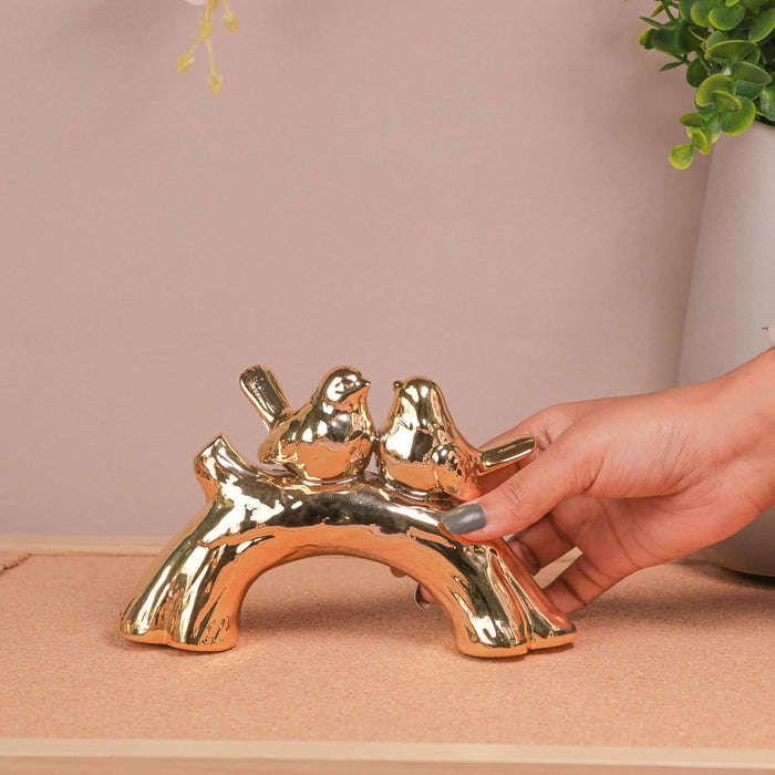 Birds Sitting on Tree Showpieces Statue for Home Décor, Golden (7x4.5 inch),