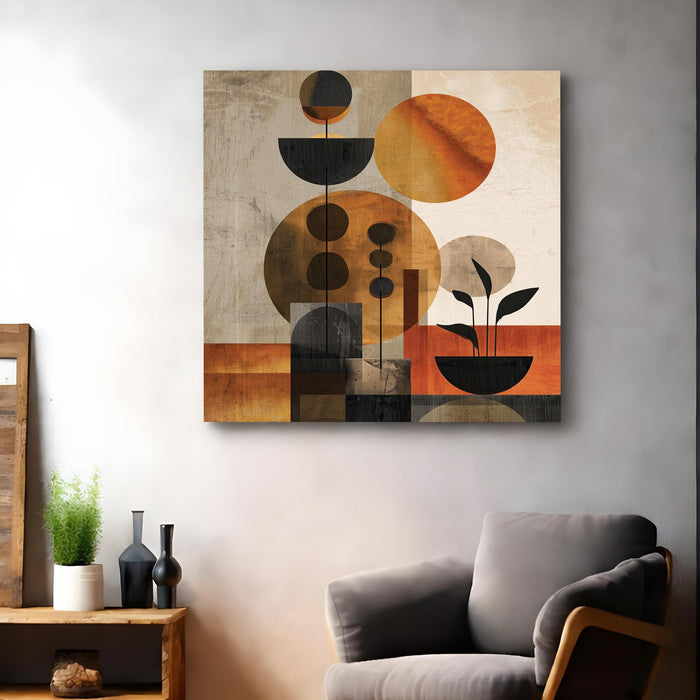 Abstract Sphered Leaf Stretched Canvas Wall Art Painting For Living Room, Modern Minimalist Geometric Painting, Earthy Orange & Brown Botanical Home Decor for Living Room & Office (56xx56 cm)