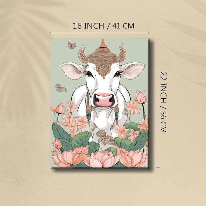 Portrait Stretched Canvas Lotus and Deity Cow Traditional Indian Wall Art Print D̩cor | Printed on Canvas Stretched on Wood, 41x56 cm