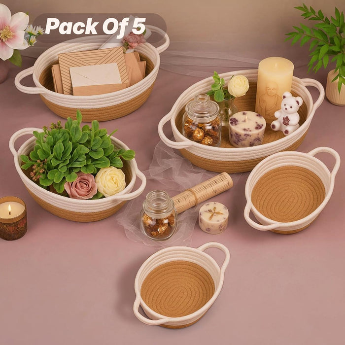 Jute Basket Round Shape Foldable Gift Basket, Storage and Organizer Jute Baskets with Handle (Set of 5)