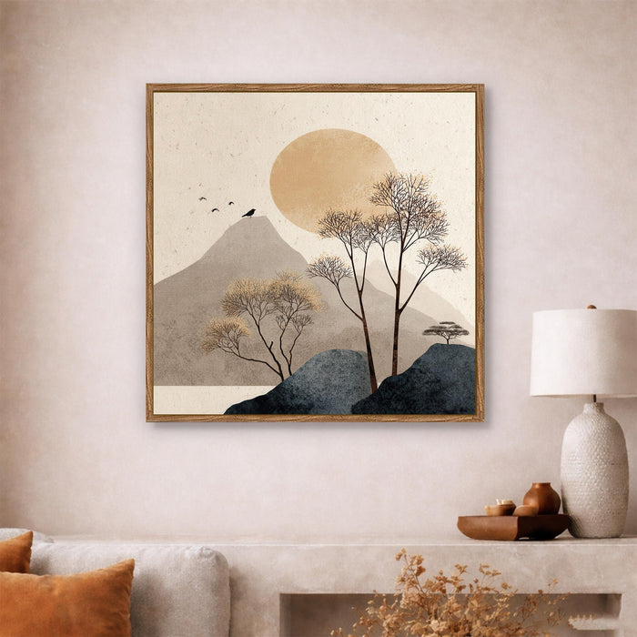 Boho Mountain Sun Landscape Framed Painting For Living Room | Japandi Abstract Landscape Large Canvas Painting With Frame Wall Art For Bedroom, Hallway's, Office, Hotel, Size 58x58 cm