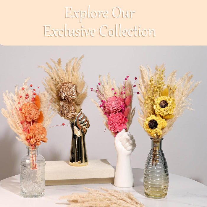 Dried Pampas Grass and Orange Artificial Flowers Bouquet Boho Dried Flower Arrangement, Natural Dry Floral Bouquet 30 cm