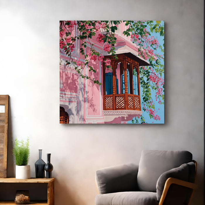 Traditional Indian Architecture & Pink Bougainvillea Floral Painting For Living Room, Jaipur Balcony Stretched Canvas Wall Art, Modern Boho for Living Room, Office & Home Decor (56xx56 cm)