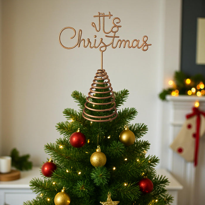 Festive Metal Gold Tree Topper It's Christmas Script Font Tree Decoration Spiral Base for Xmas-Tree Decor 19x21 cm