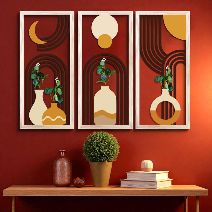 MDF Boho Wall Hanging Rectangular Vase Frame with Artificial Plant Leaf Pack of 3 Wooden Wall Decor 23x48 cm