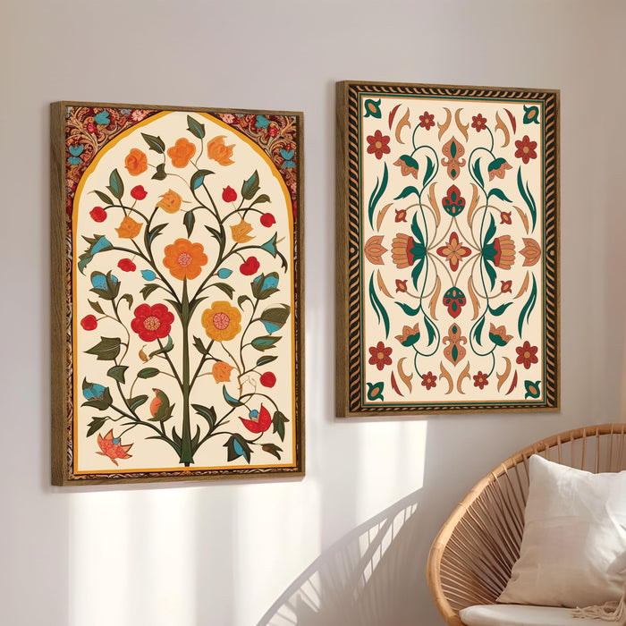 Mughal Floral Motifs Canvas Indian Large Wall Art Painting for Living Room Decoration, Stylish Large Wall Art Print for Wall Decor (Set of 2, 58x89 cm)