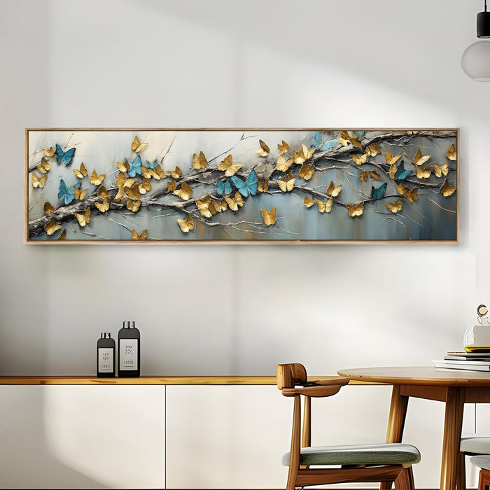 Large Canvas Painting Panel Framed Wall Art Print Blue and yellow Butterfly Framed Luxury Paintings for Home Decoration (Gold, 13x47 Inch)