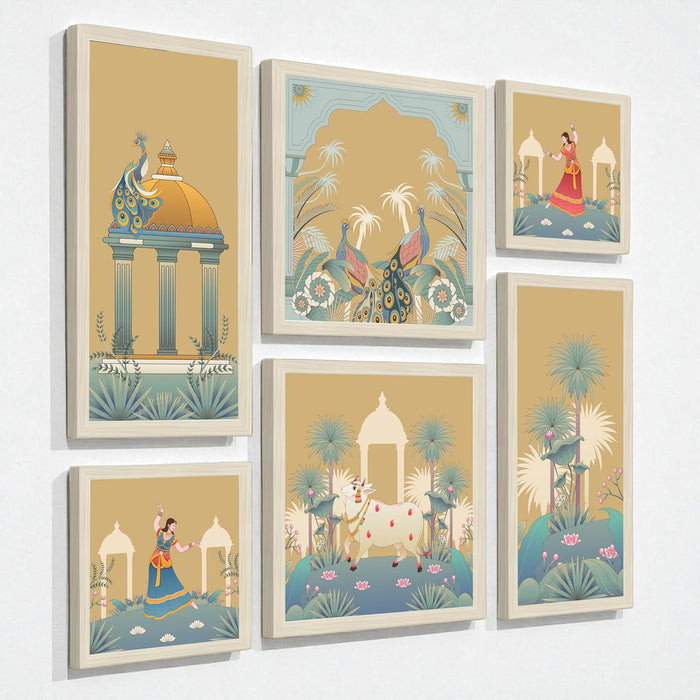 Framed Wall Art Print Pack of 6 Framed Wall Decoration Art Prints Traditional Indian Pichwai 24x48, 34x34 and 24x24 cm, Beige