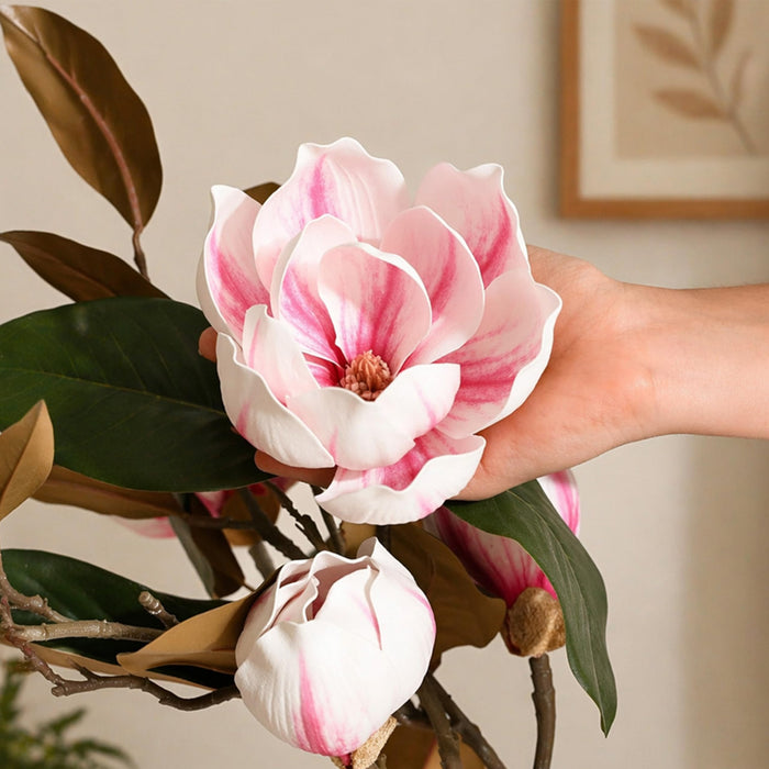 Art Street Artificial Magnolia Flower Stems Pink & White – Realistic Faux Magnolia Branches with Green Leaves for Home Décor, Vase Fillers, Living Room & Wedding Decoration (Set of 2), 34 Inch