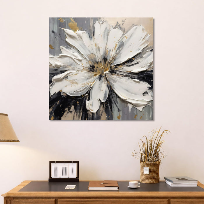 Modern Floral Stretched Canvas Wall Art Painting For Living Room, Painting White Flower with Heavy Texture & Gold Foil Accents, Contemporary Decor for Living Room, Bedroom & Office (56xx56 cm)
