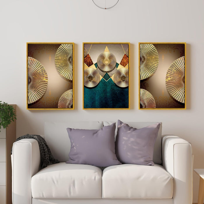 Art Street Nordic Abstract Golden Canvas Painting For Home Decor, Geometric Industrial Style Framed Art Prints (17x23 Inch, Set of 3) ( New Product )