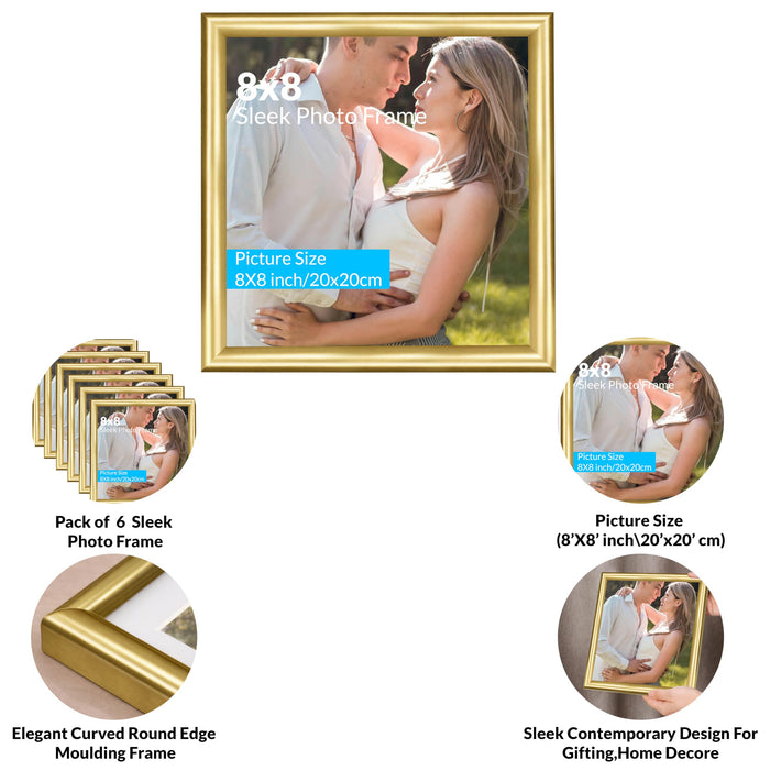 Art Street Picture Photo Frame Set of 6 for Bedroom, Tabletop Frames with Stand, Photo Frames for Couples, Weddings, Home Decor, Portrait or Landscape Display (Golden, 8x8 Inch)