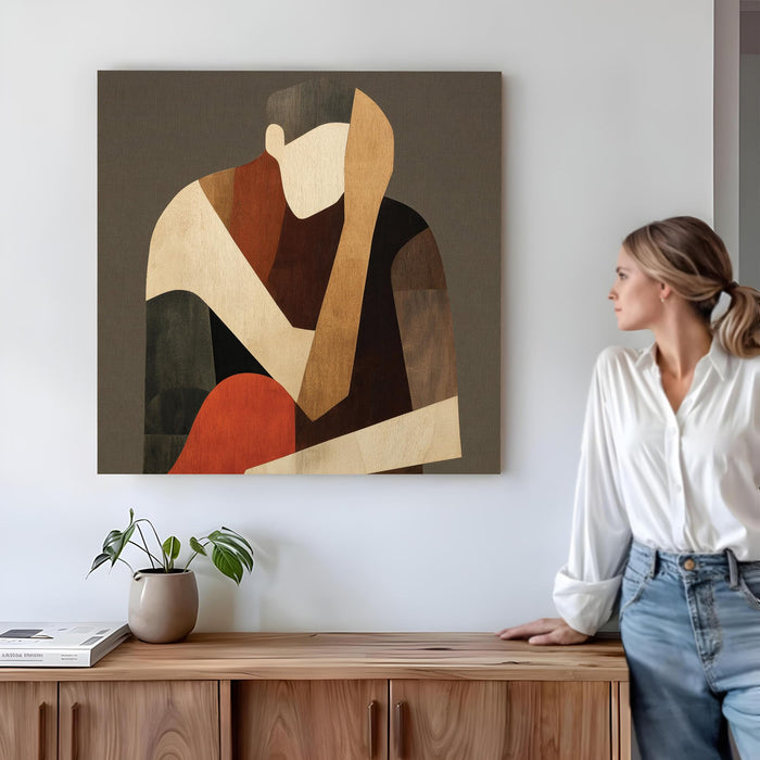 Abstract Stretched Canvas Wall Art Painting for Living Room, Modern Minimalist Figurative Painting, Mid-Century Boho Decor in Earthy Terracotta & Brown for Living Room, Office & Studio (56xx56 cm)