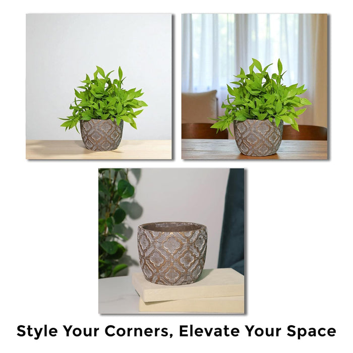 Handmade Flower Pot Indoor Outdoor Plant Pot, Fade Resistant Bronze Cement Elegant Quatrefoil Pattern Vase, Flower Vase, Cemented Flower Vases for Home Decoration and Gardening – 10x13 cm