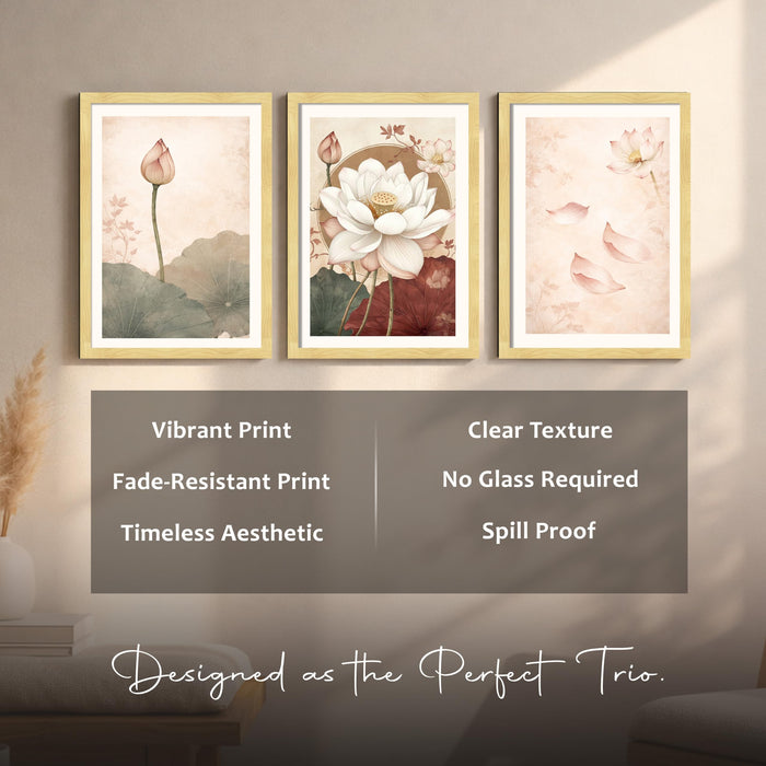 Modern Abstract Blooming Lotus A3 Framed Poster for Living Room With Frame, Abstract Floral Framed Vastu Posters for Home Decor Bedroom Hallways Office Hotel Set of 3, Size 33x45 cm