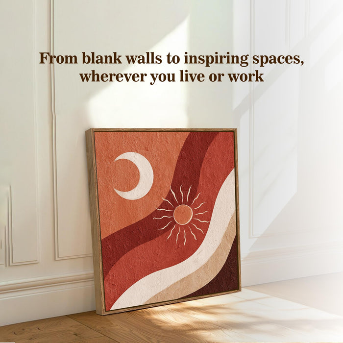 Boho Sun Moon Framed Painting For Living Room | Abstract Desert Large Canvas Painting With Frame Wall Art For Bedroom, Hallway's, Office, Hotel, Size 58x58 cm