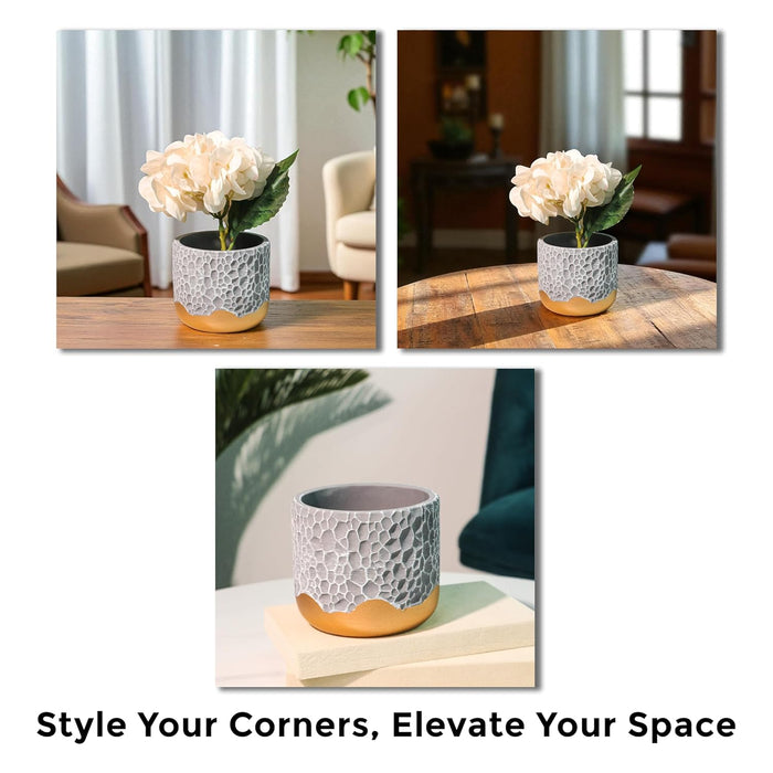 Handmade Cement Flower Pot Indoor Outdoor Plant Pot Fade Resistant Bronze and Grey Elegant Hammered Pattern Vase Flower Vase Cemented Flower Vases for Home Decoration and Gardening 10x13 cm