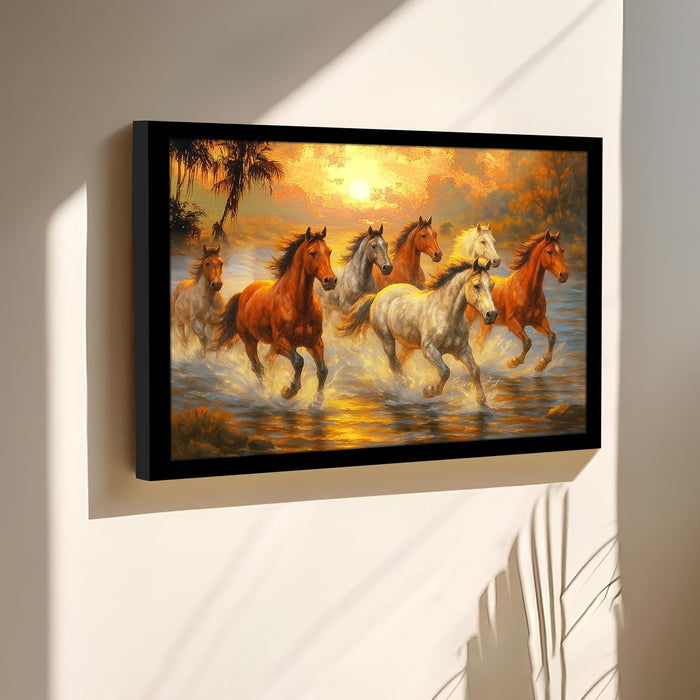 Seven Running Horses Wall Art Vastu Feng Shui Multicolor | Canvas Painting Stretched on Wood | Suits For Vastu-Friendly Place (16x22 Inch)