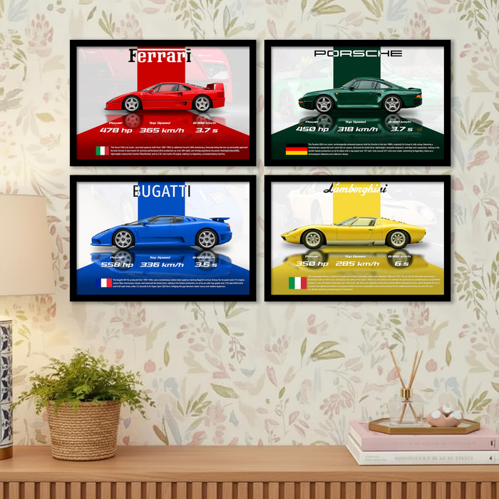 Luxury Supercars Framed Painting Wall Art Painting Set of 4 | Ferrari, Porsche, Bugatti & Lamborghini Illustration Prints for Living Room & Office D cor, 23x32 cm