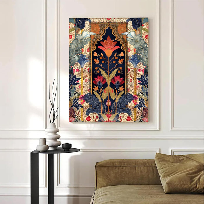 Portrait Stretched Canvas Mughal Floral Madhubani Wall Art Print Décor Printed on Canvas Stretched on Wood 41x56 cm