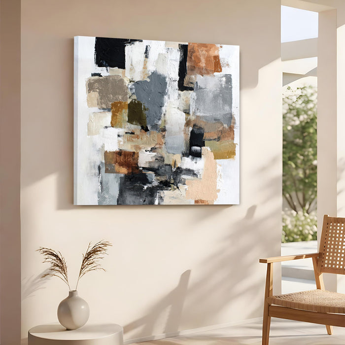 Modern Abstract Stretched Canvas Wall Art Painting For Living Room, Textured Geometric Oil Painting in Earthy Tones, Large Stretched Gallery Wrap for Living Room & Office (56xx56 cm)