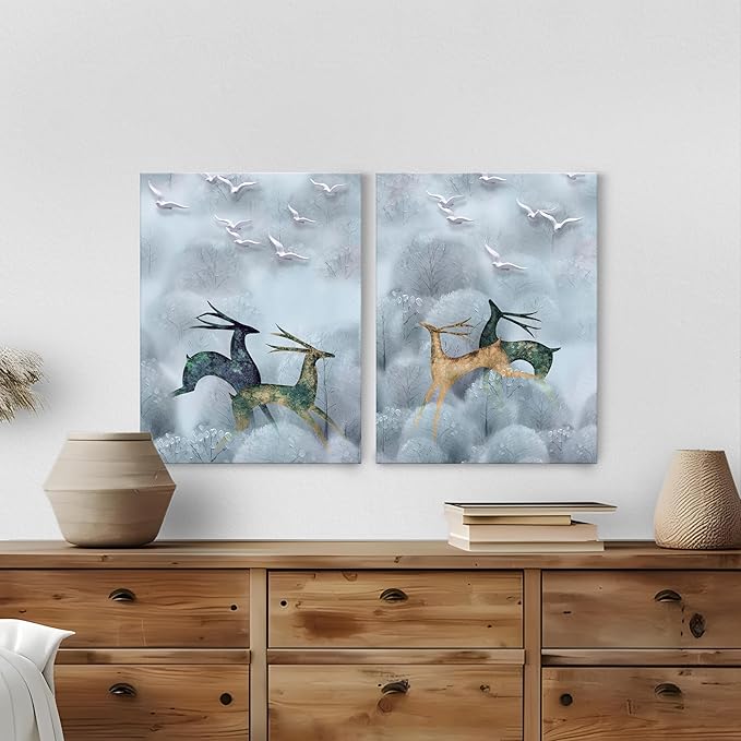 Art White & Blue Running Deer Stretched Canvas Wall Painting Pack of 2 | Digital Print On Stretched-Canvas (30x41 CM)