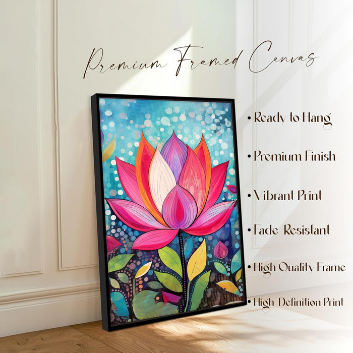 Abstract Multicolor Folk Art of Lotus Floral Stretched Canvas Painting with Frame – Wall Art – Framed Canvas Wall Décor (23x35 Inch)