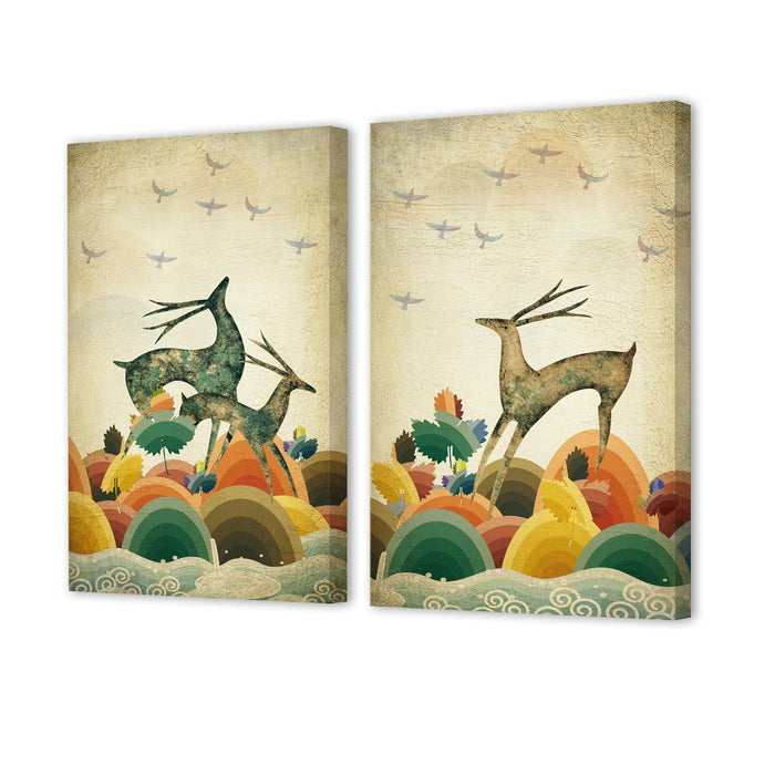 Art Street Stretched Canvas Painting Two Dancing Deer in the Forest Print For Living Room Decoration (Set of 2, Size: 16x22 Inch)
