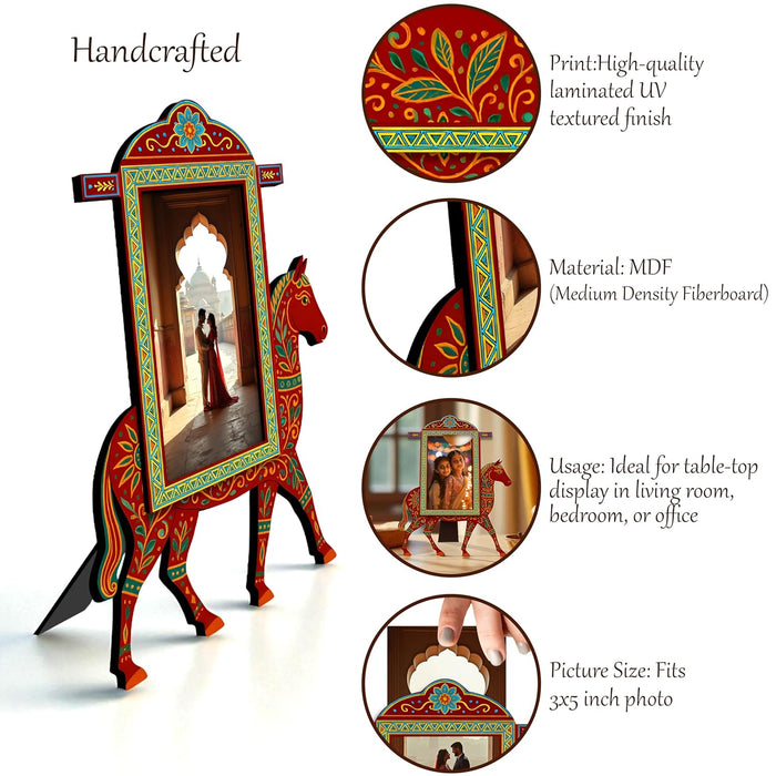 Horse Photo Frame Handcrafted Indian MDF Decorative Tabletop Frame Ethnic Rajasthani Handpainted Wooden Horse Photo Frames 18x23 cm